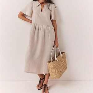The White Company White Label 100 Linen Shift Cream Shirt Dress V Neck US 4 UK 8